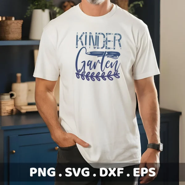 Man wearing white t-shirt with "Kindergarten" design. Kindergarten SVG design for crafting, digital download.