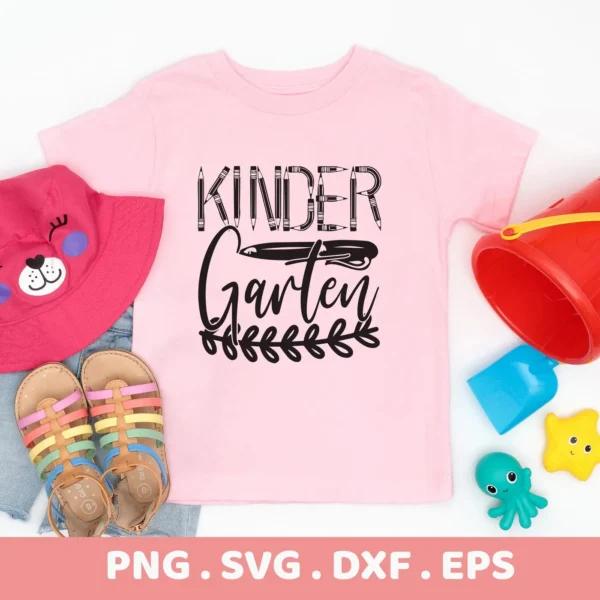 Pink shirt with "Kindergarten" design, a digital Kindergarten SVG design for Cricut, Silhouette, and other cutting machines.