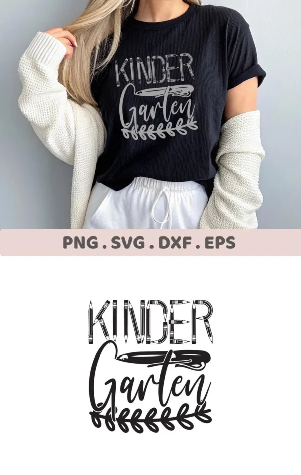 Woman wearing black t-shirt with "Kindergarten" design, a digital Kindergarten SVG Design for Cricut.