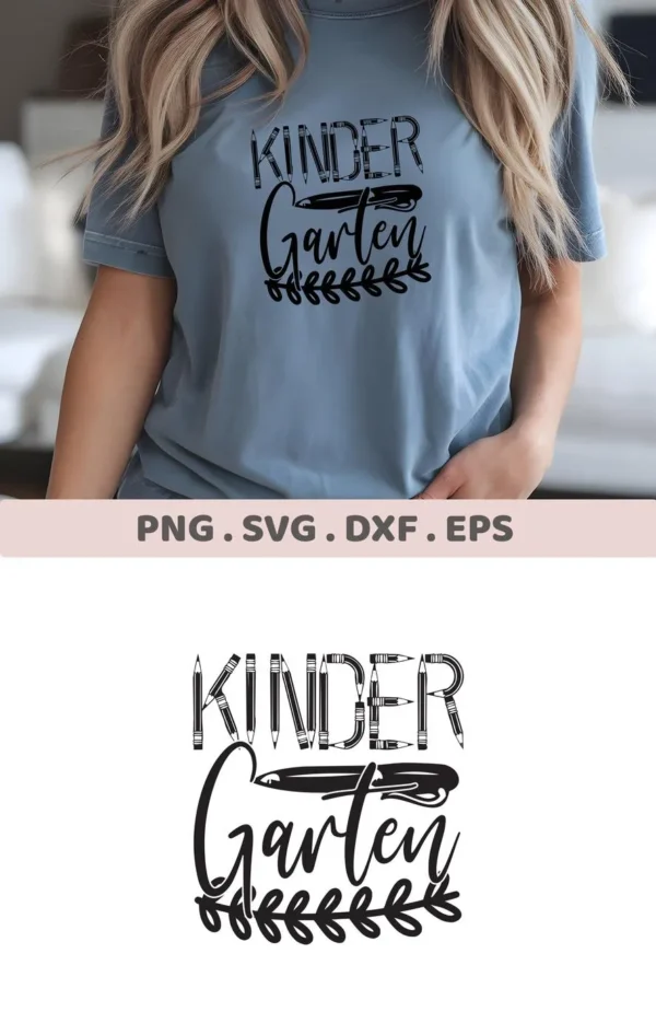T-shirt mockup with "Kindergarten" SVG design, a digital file for Cricut and Silhouette projects.