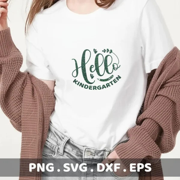 Hello Kindergarten" SVG design on white t-shirt, a digital file for back-to-school crafts.