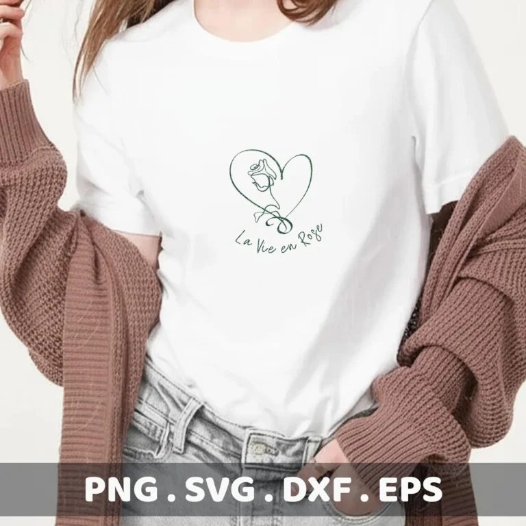 T-shirt mockup with "La Vie SVG" design featuring rose and heart. Digital file for Cricut.