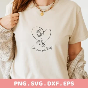 T-shirt mockup with "La Vie Rose" SVG design, a digital file for Cricut and Silhouette projects.