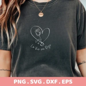 T-shirt mockup with "La Vie SVG" rose heart design, a digital file for Cricut and Silhouette projects.