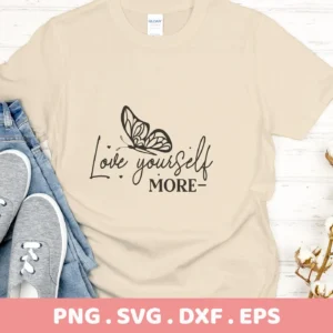 T-shirt mockup with "Love Yourself" SVG design, a digital file for Cricut and Silhouette projects.