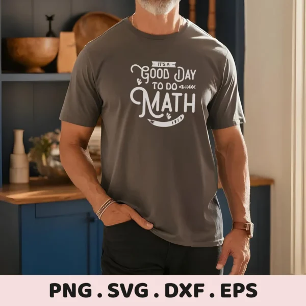 Man wearing t-shirt with "Good Day Math" SVG design, a digital file for crafting.
