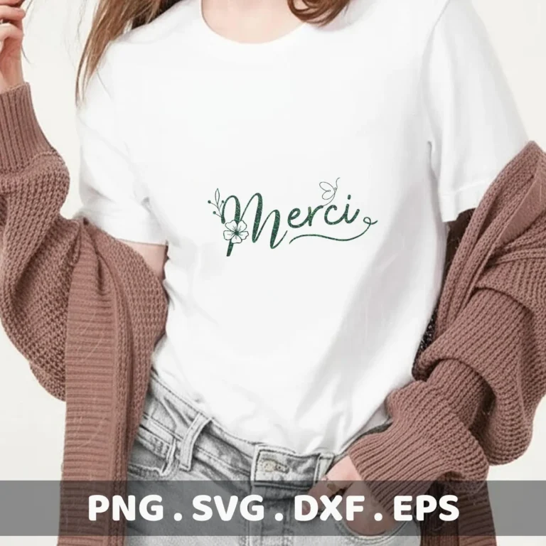 Woman wearing white t-shirt with "Merci" design. Merci SVG file for Cricut, Silhouette.