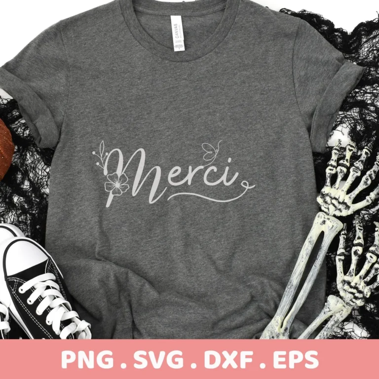 Gray t-shirt mockup featuring "Merci" design. Merci SVG file, a digital download for Cricut and Silhouette projects.