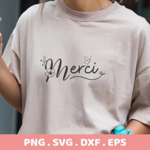 T-shirt mockup with floral "Merci" SVG file design, a digital cut file for Cricut and Silhouette projects.