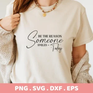 T-shirt mockup with "Reason Smiles" SVG design, a digital file for Cricut and Silhouette projects.