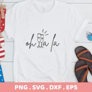 Oh La La SVG" design on a white t-shirt mockup, a digital download for Cricut and Silhouette projects.