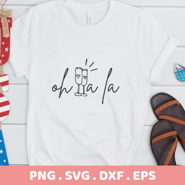 Oh La La SVG" design on a white t-shirt mockup, a digital download for Cricut and Silhouette projects.