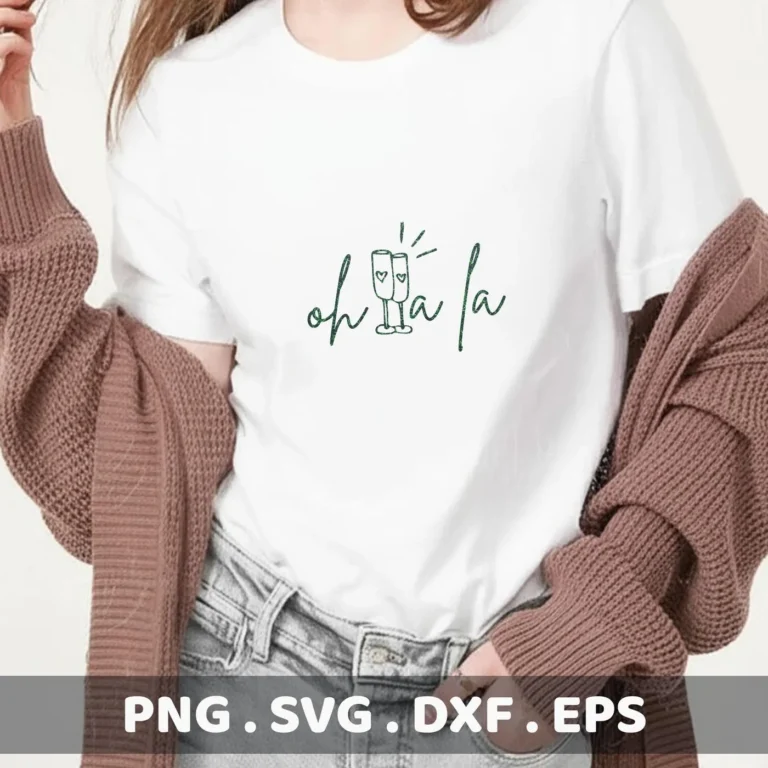 Oh La La SVG" design on a white t-shirt mockup. Digital SVG file for Cricut and Silhouette crafting.