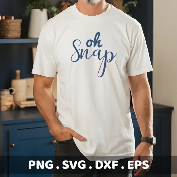 Man wearing white t-shirt with "Oh Snap" SVG design. Digital download for Cricut and Silhouette.