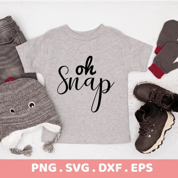 Gray t-shirt with "Oh Snap" SVG design, a digital file for Cricut and Silhouette projects.