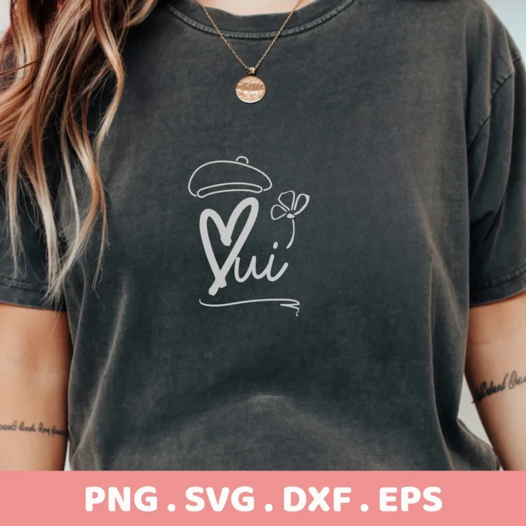 T-shirt mockup with Oui Beret Flower SVG design, a digital file for Cricut and Silhouette projects.