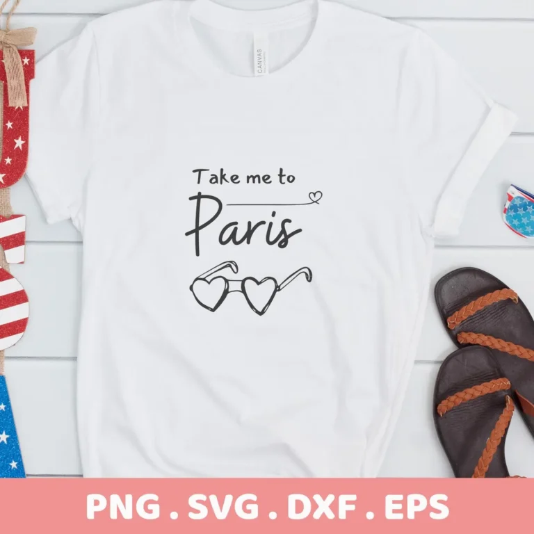 White t-shirt mockup with "Take me to Paris" quote SVG design. Digital file for crafting.