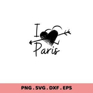 I Love Paris SVG" design with heart pierced by arrow. Digital download for Cricut, Silhouette crafting.
