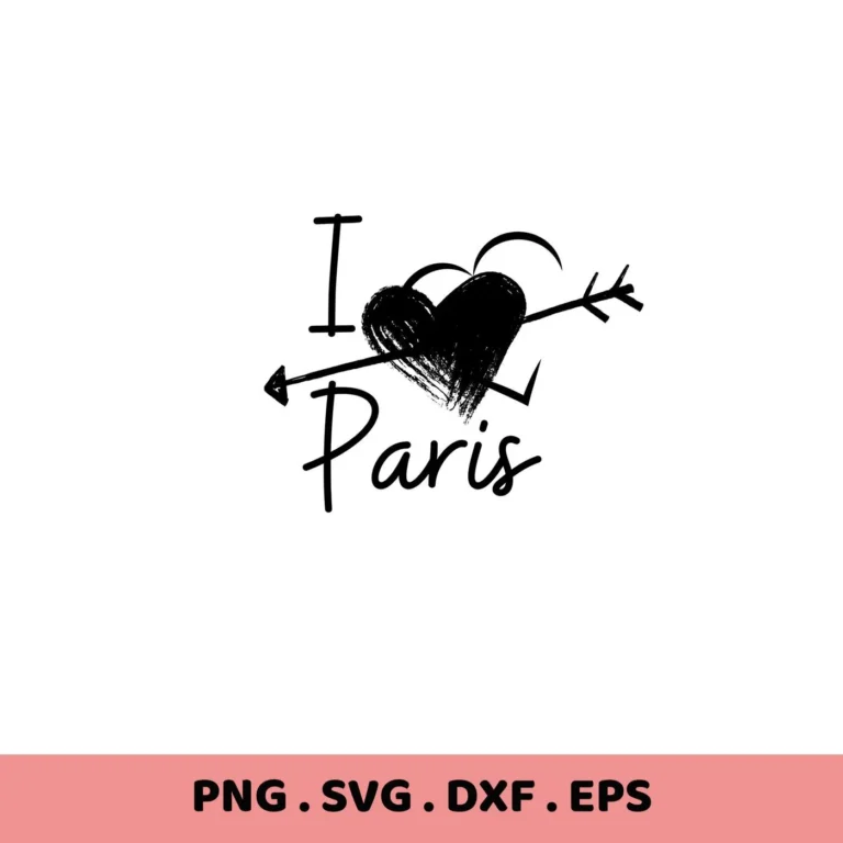 I Love Paris SVG" design with heart pierced by arrow. Digital download for Cricut, Silhouette crafting.