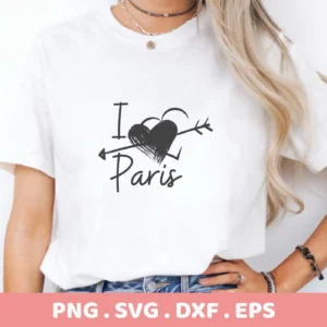 I Love Paris" design with heart and arrow on a t-shirt, SVG digital file for crafting.