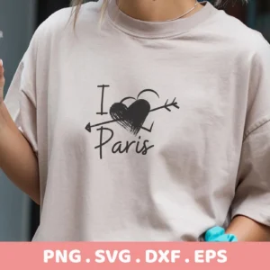 T-shirt mockup with "I Love Paris SVG" design, a digital file for Cricut and Silhouette crafting.