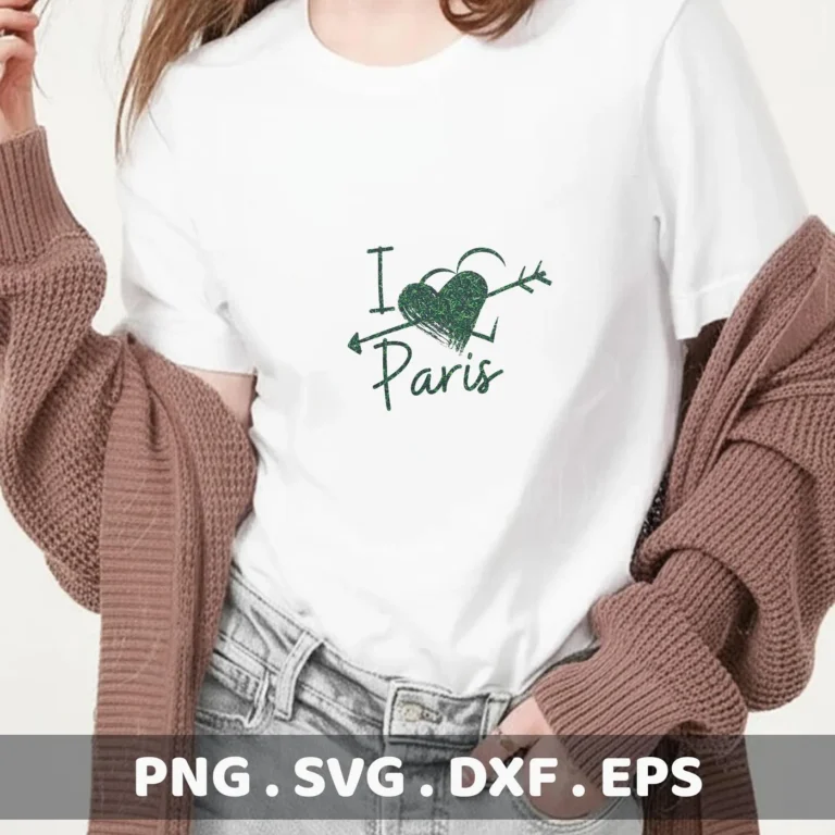 I Love Paris SVG" design on a white t-shirt mockup, a digital SVG file for Cricut and Silhouette crafting.