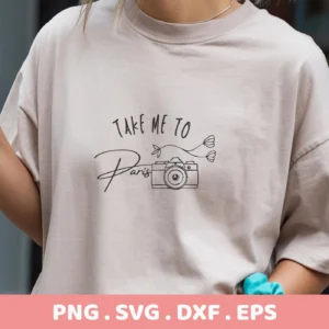 T-shirt mockup with "Take Me Paris" SVG design featuring camera and floral elements, a digital cut file for crafting.