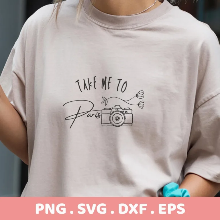 T-shirt mockup with "Take Me Paris" SVG design featuring camera and floral elements, a digital cut file for crafting.