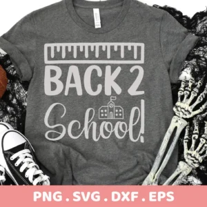 Gray t-shirt mockup with "Back 2 School" SVG design, a digital cut file for Cricut and Silhouette.