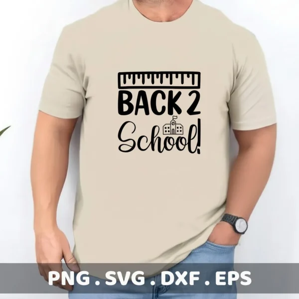 Man wearing t-shirt with "Back 2 School" SVG design. Digital cut file for Cricut, Silhouette.