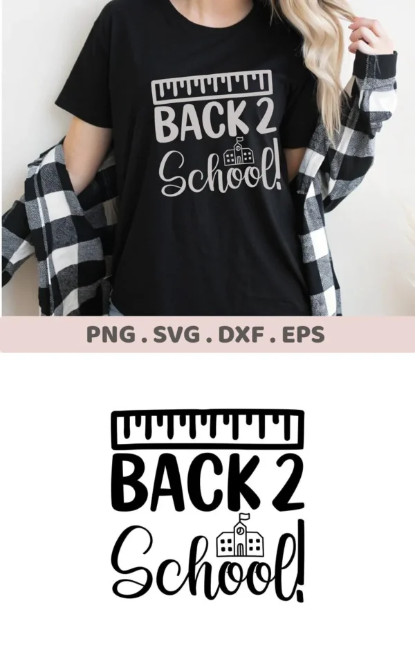 T-shirt mockup with "Back 2 School" SVG design, a digital cut file for Cricut and Silhouette projects.