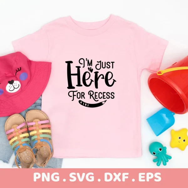 Pink t-shirt with "Recess" quote, a Recess SVG file for Cricut, Silhouette, and other cutting machines.