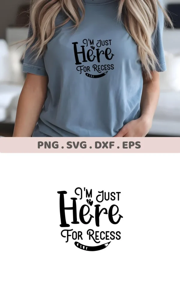 T-shirt mockup featuring "Recess" quote, a Recess SVG file for Cricut, Silhouette, and other cutting machines.