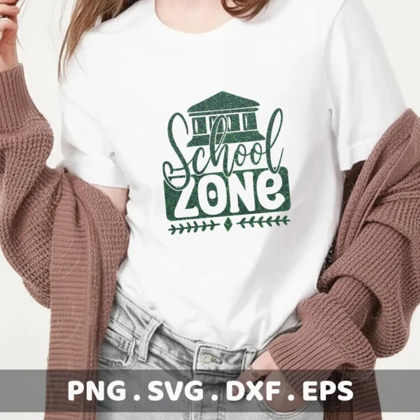Mockup of a white t-shirt with a green "School Zone" SVG design, a digital file for classroom decor.