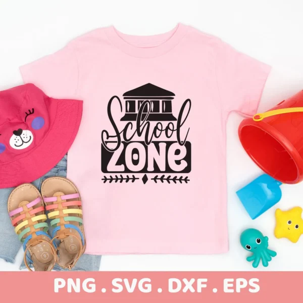 Pink t-shirt with "School Zone" SVG design, a digital cut file for classroom decor.