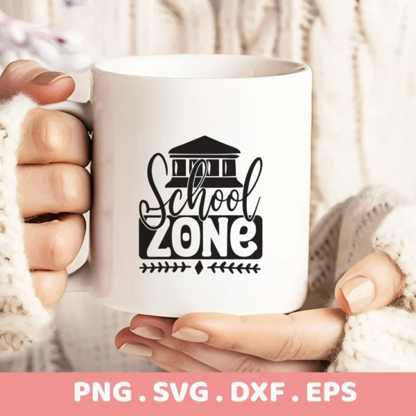 White mug mockup with "School Zone" SVG design, a digital cut file for classroom decor.
