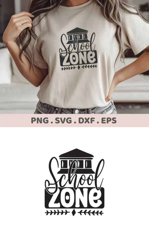 T-shirt mockup with "School Zone" SVG design, a digital cut file for classroom decor.