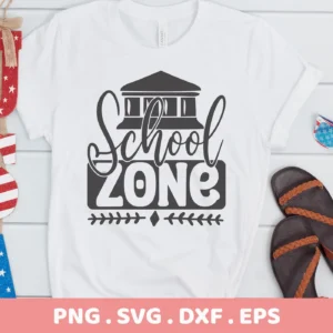 T-shirt mockup with "School Zone SVG" design, a digital file for classroom decor.