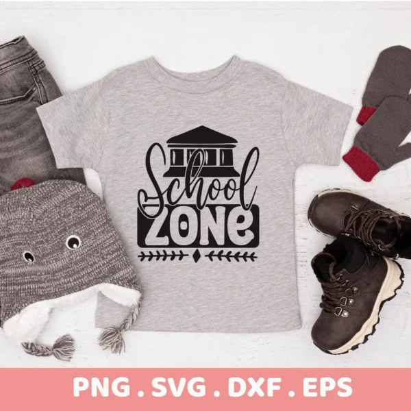 School Zone SVG" design on a gray t-shirt, a digital file for classroom decor.