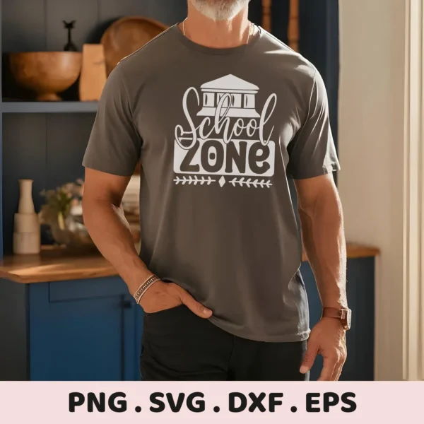 Man wearing t-shirt with white "School Zone" SVG design. Digital file for classroom decor.