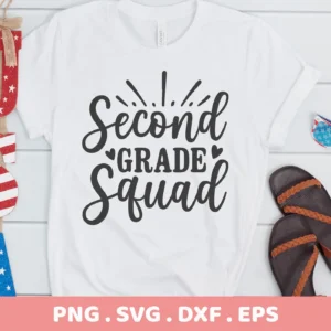 White t-shirt mockup with "Second Grade Squad" design. Second Grade SVG digital file for Cricut, Silhouette projects.