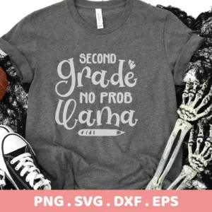 Gray t-shirt mockup with "Second Grade" llama design, a digital SVG for back-to-school crafts.