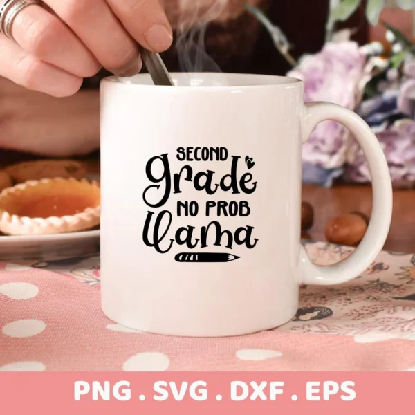 White mug with "Second Grade" SVG design, a digital file for back-to-school crafts.