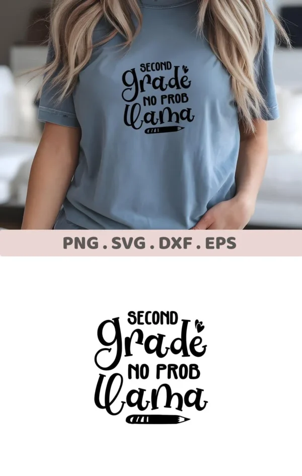 Second Grade SVG" design on a blue t-shirt, a digital file for back-to-school crafts.