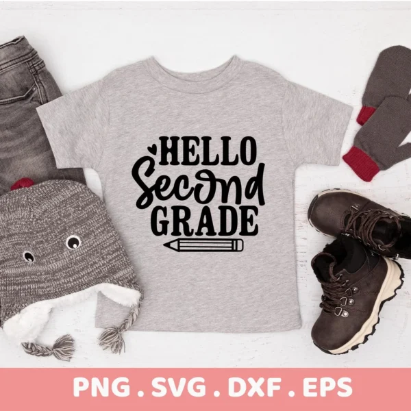 Hello Second Grade" design on a gray t-shirt. Second Grade SVG file for Cricut, Silhouette.