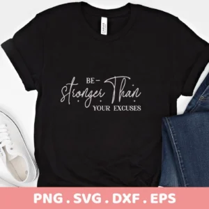 Black t-shirt mockup with "Stronger Than" SVG design, a digital file for Cricut and Silhouette projects.