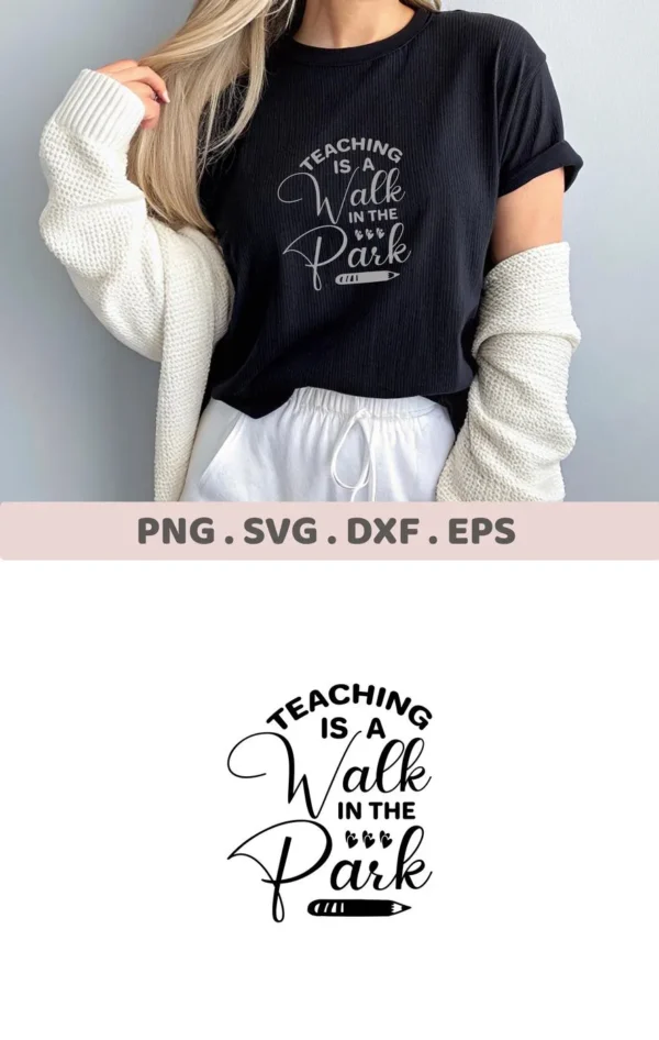 T-shirt mockup with "Teaching Walk SVG" design. Digital download for Cricut, Silhouette projects.