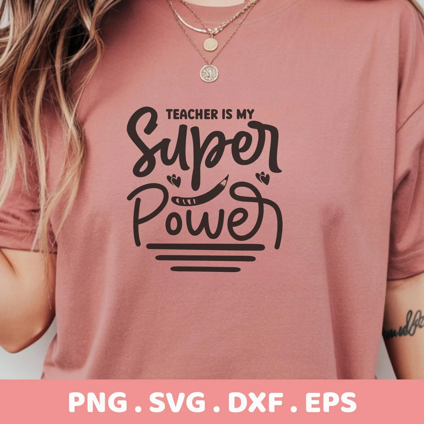Teacher Is My Superpower" design on a t-shirt. Teacher Superpower SVG cut file for Cricut, Silhouette.