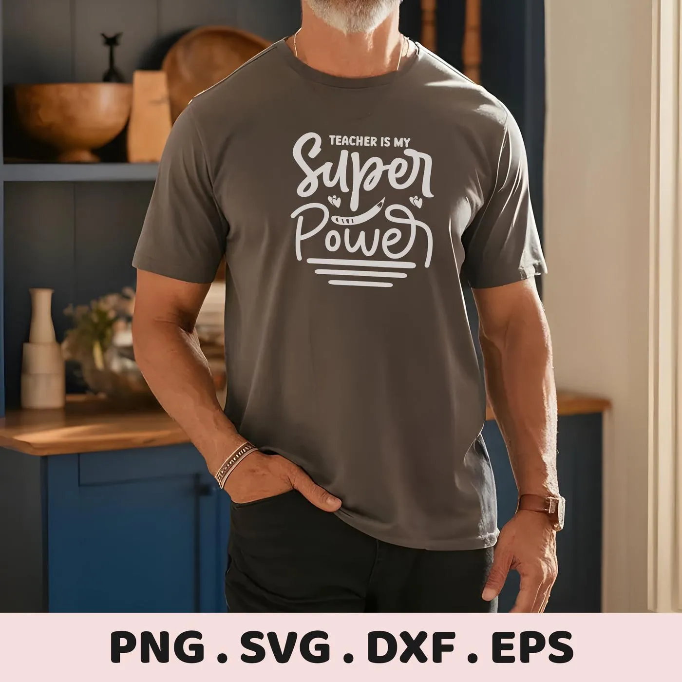 Man wearing t-shirt with "Teacher Superpower" SVG design. Digital cut file for Cricut, Silhouette.