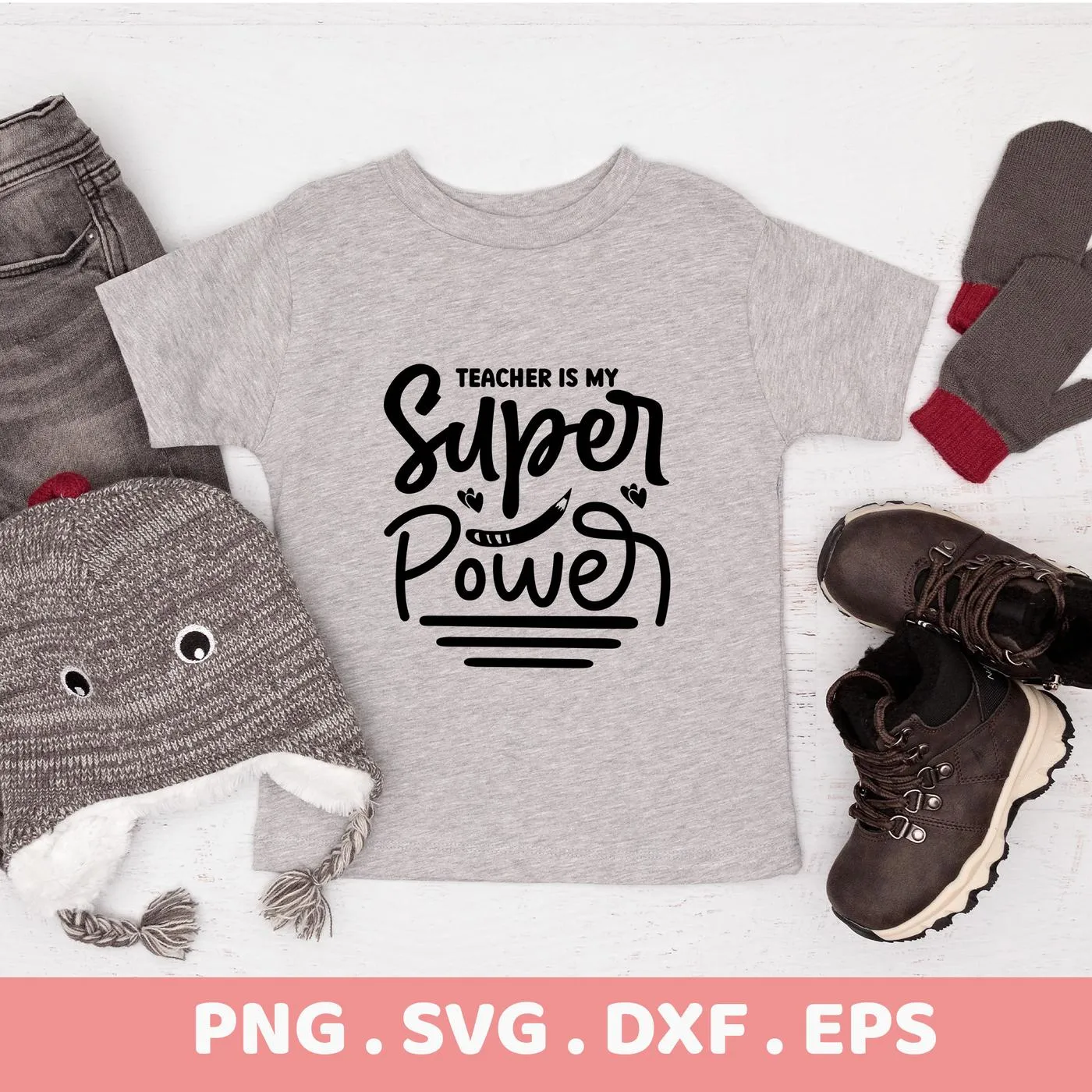 Teacher Is My Superpower" SVG design on a gray t-shirt, a digital Teacher Superpower SVG cut file for Cricut.